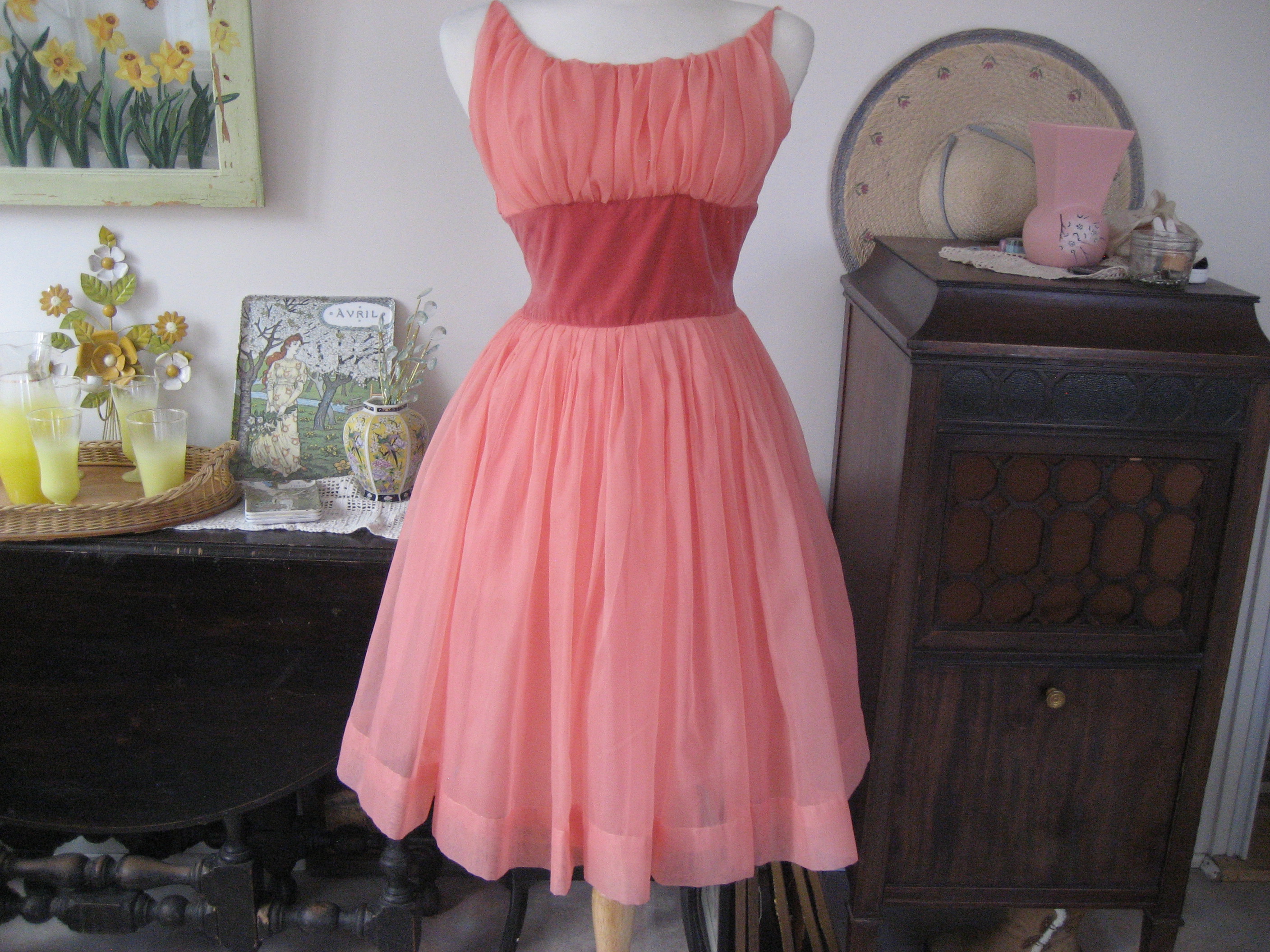 1950s Peach Chiffon Prom Dress