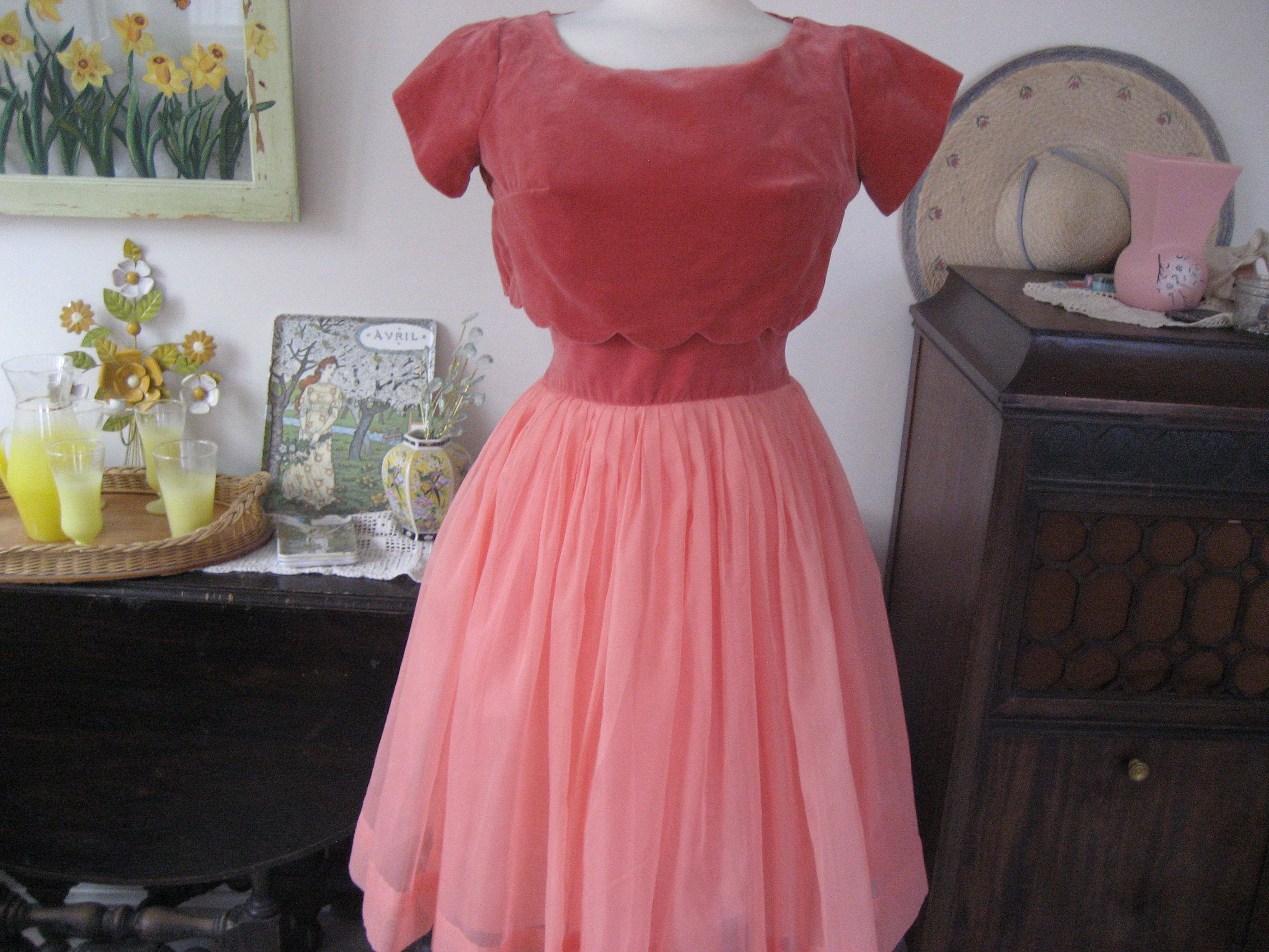 1950s Peach Chiffon Prom Dress