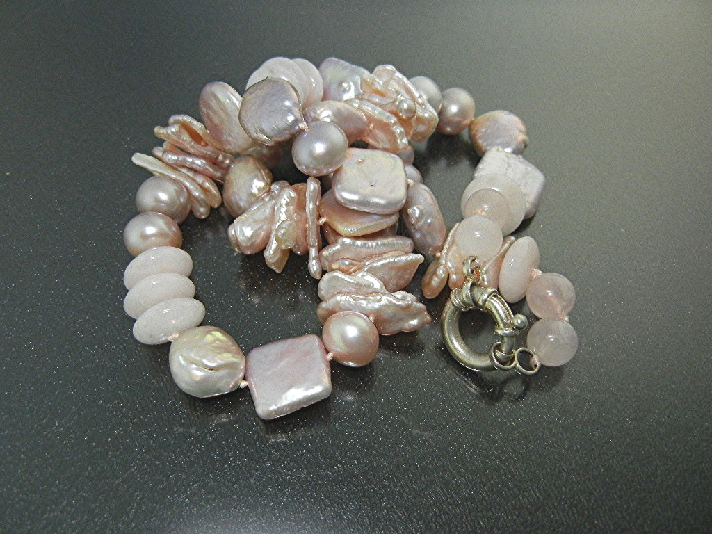 Necklace Pink Coin Freshwater Pearls Rose Quartz SS