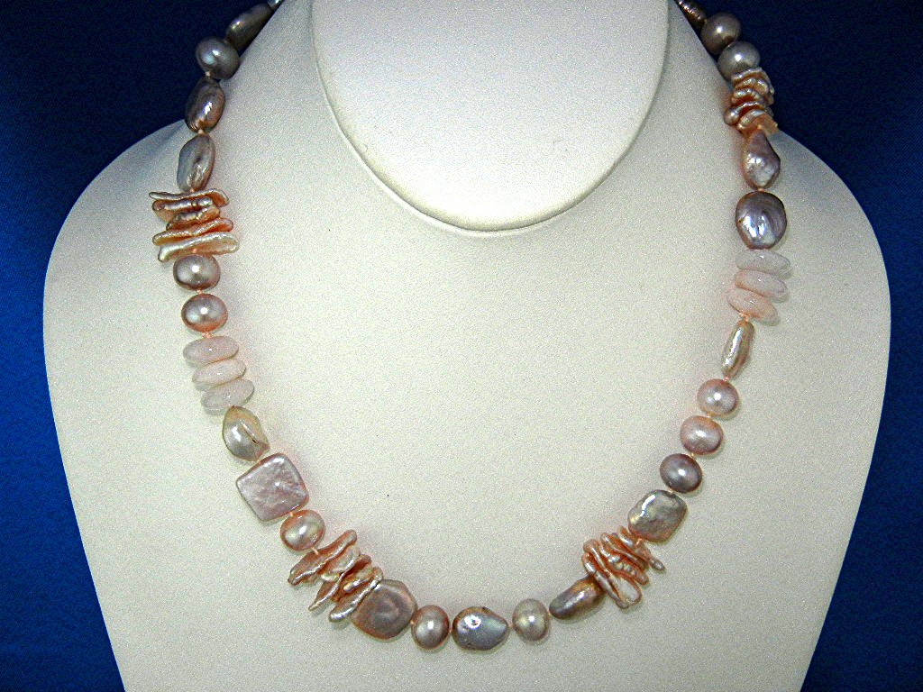Necklace Pink Coin Freshwater Pearls Rose Quartz SS