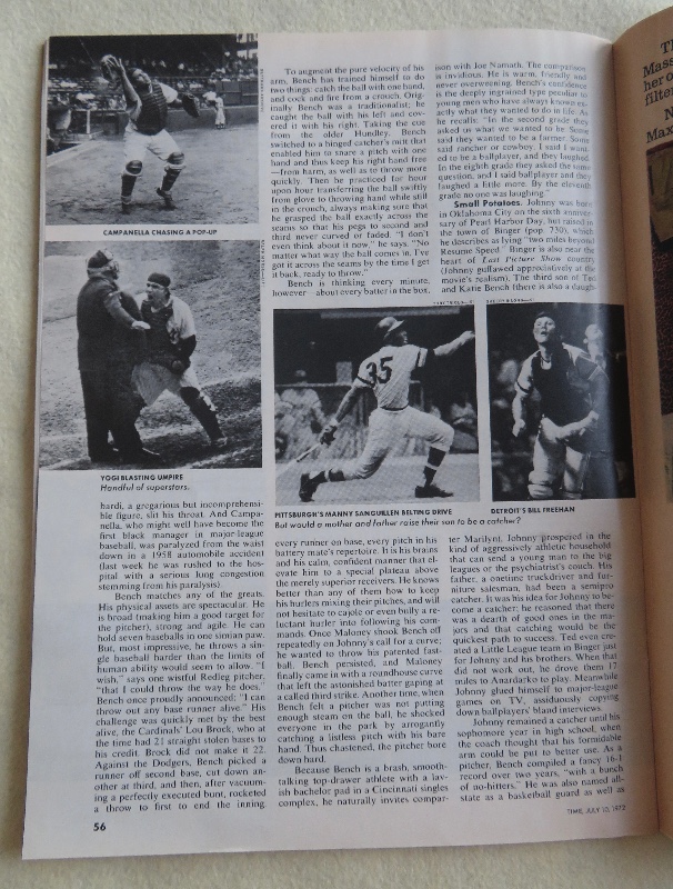 Time Magazine July 10, 1972 Baseball's Best Catcher Cincinnati's Johnny Bench