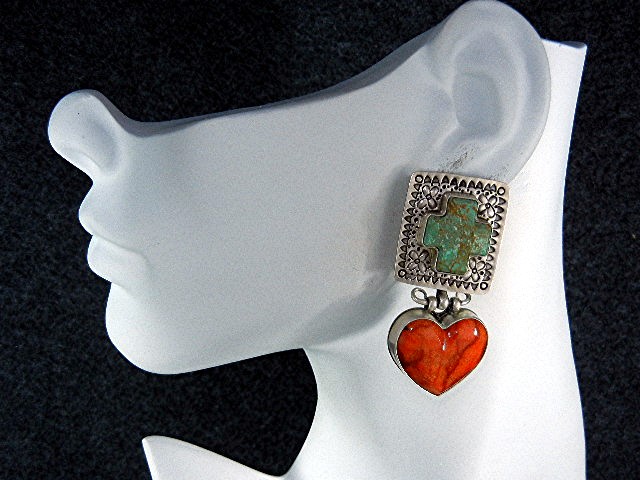 David Troutman Sterling Silver Coral Turquoise Earrings