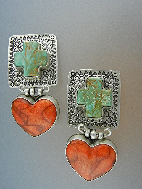 David Troutman Sterling Silver Coral Turquoise Earrings