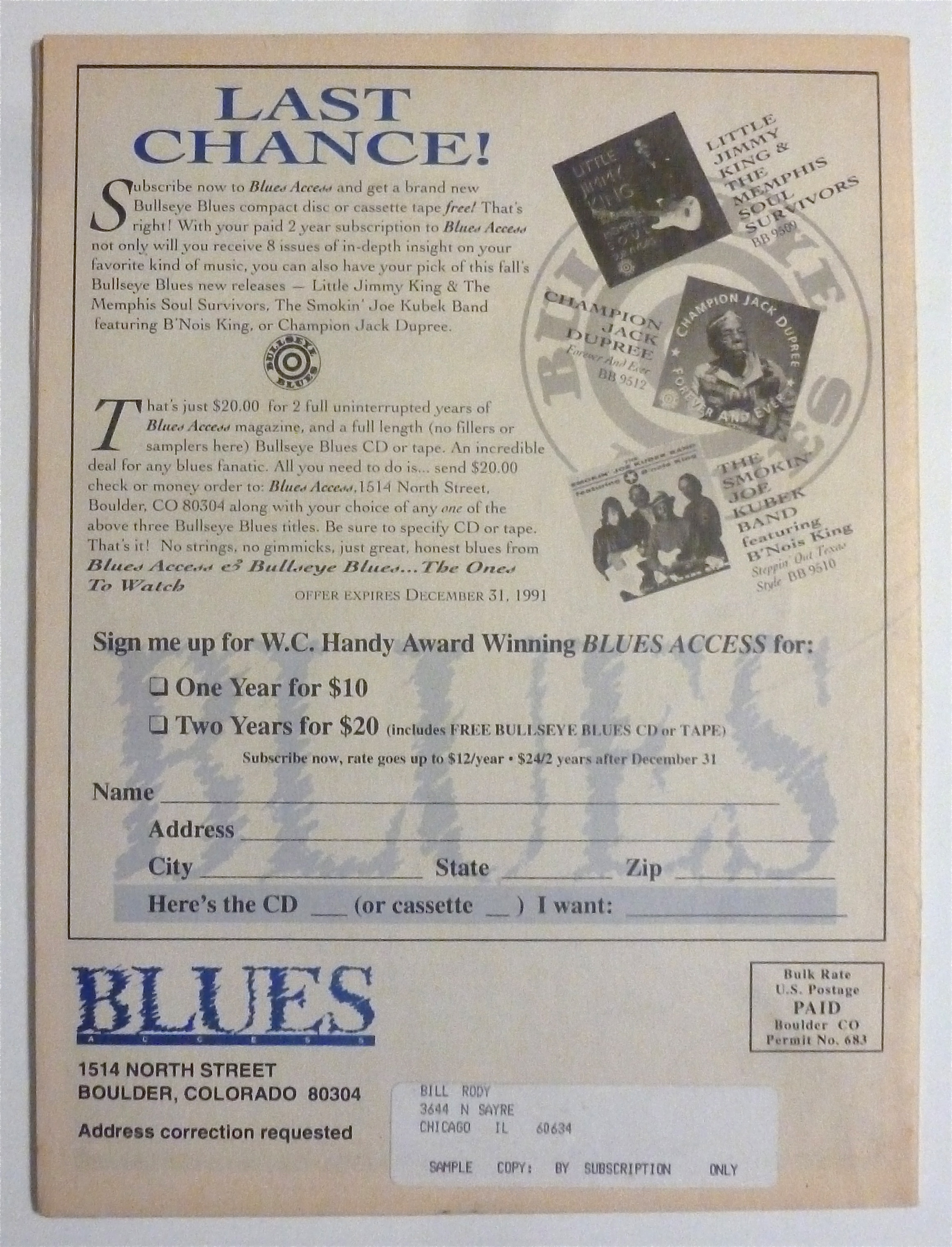 Blues Access Magazine Holiday 1991 Buddy Guy