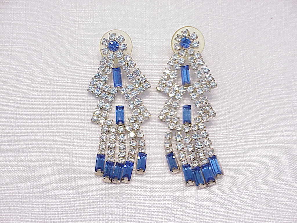 Long Dangling Blue And Clear Rhinestone Pierced Earrings
