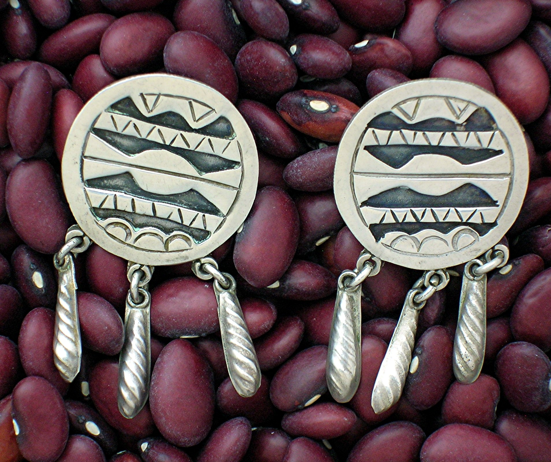 Silver Ethnic Design Clip Earrings Dangles
