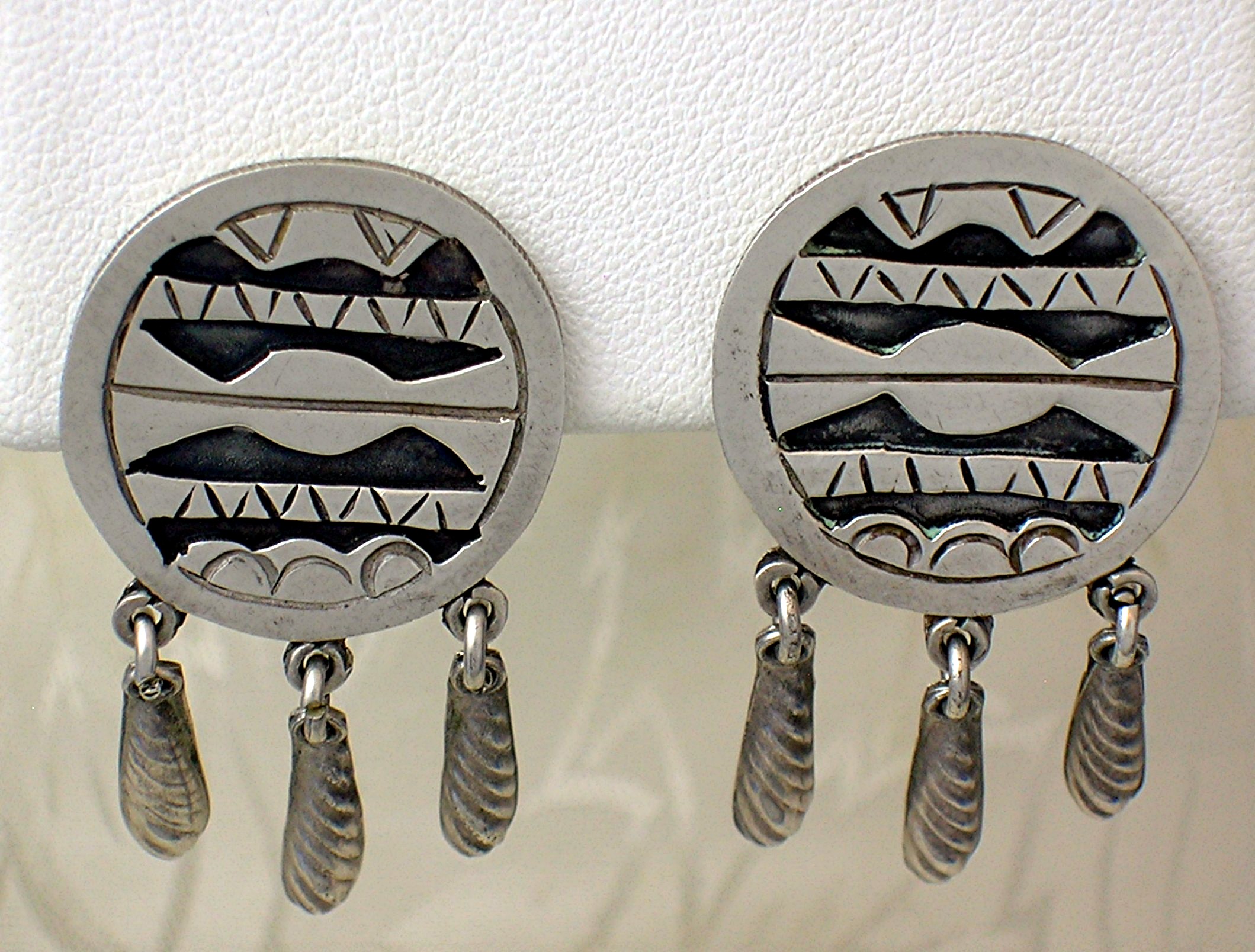 Silver Ethnic Design Clip Earrings Dangles