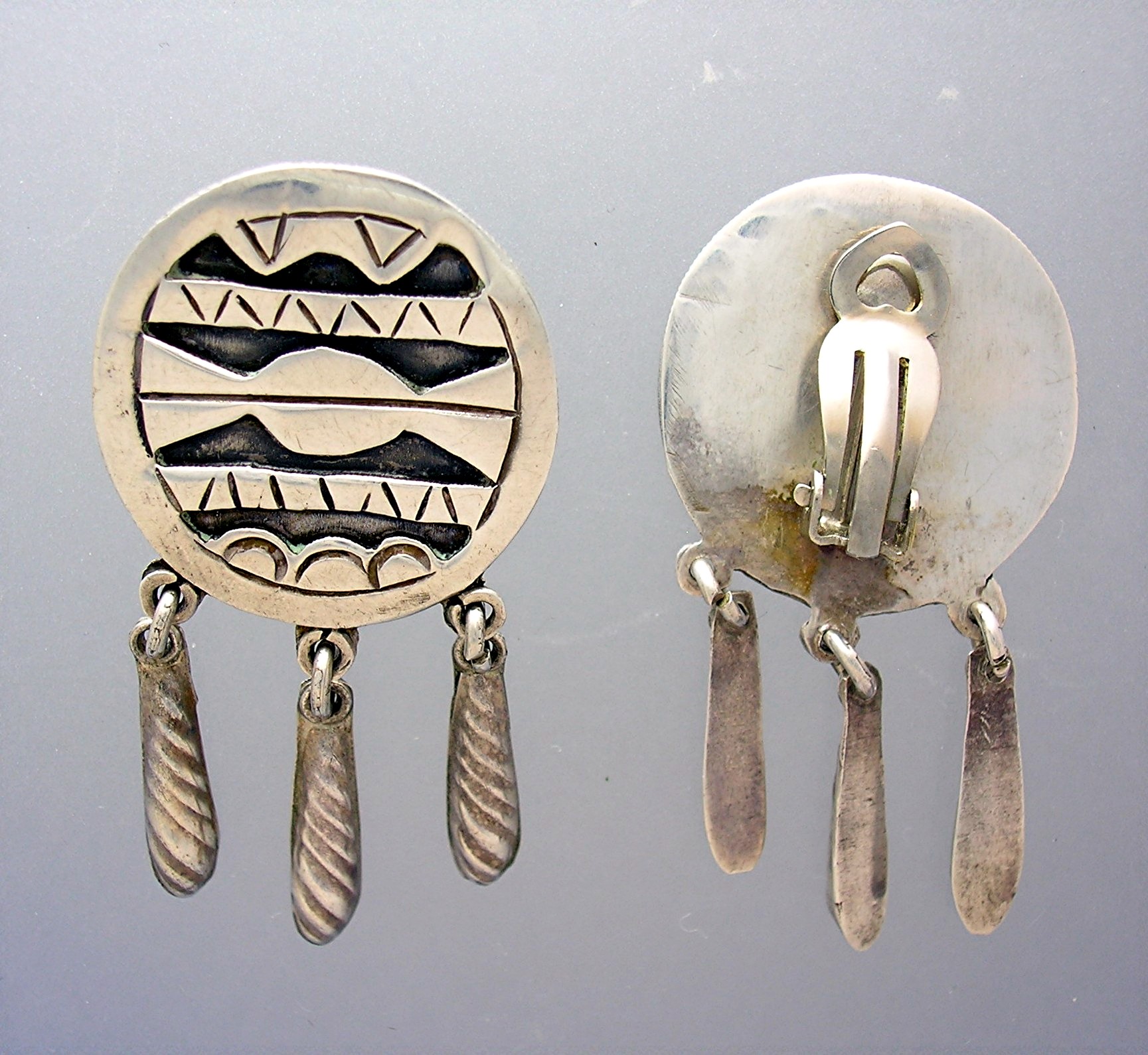 Silver Ethnic Design Clip Earrings Dangles