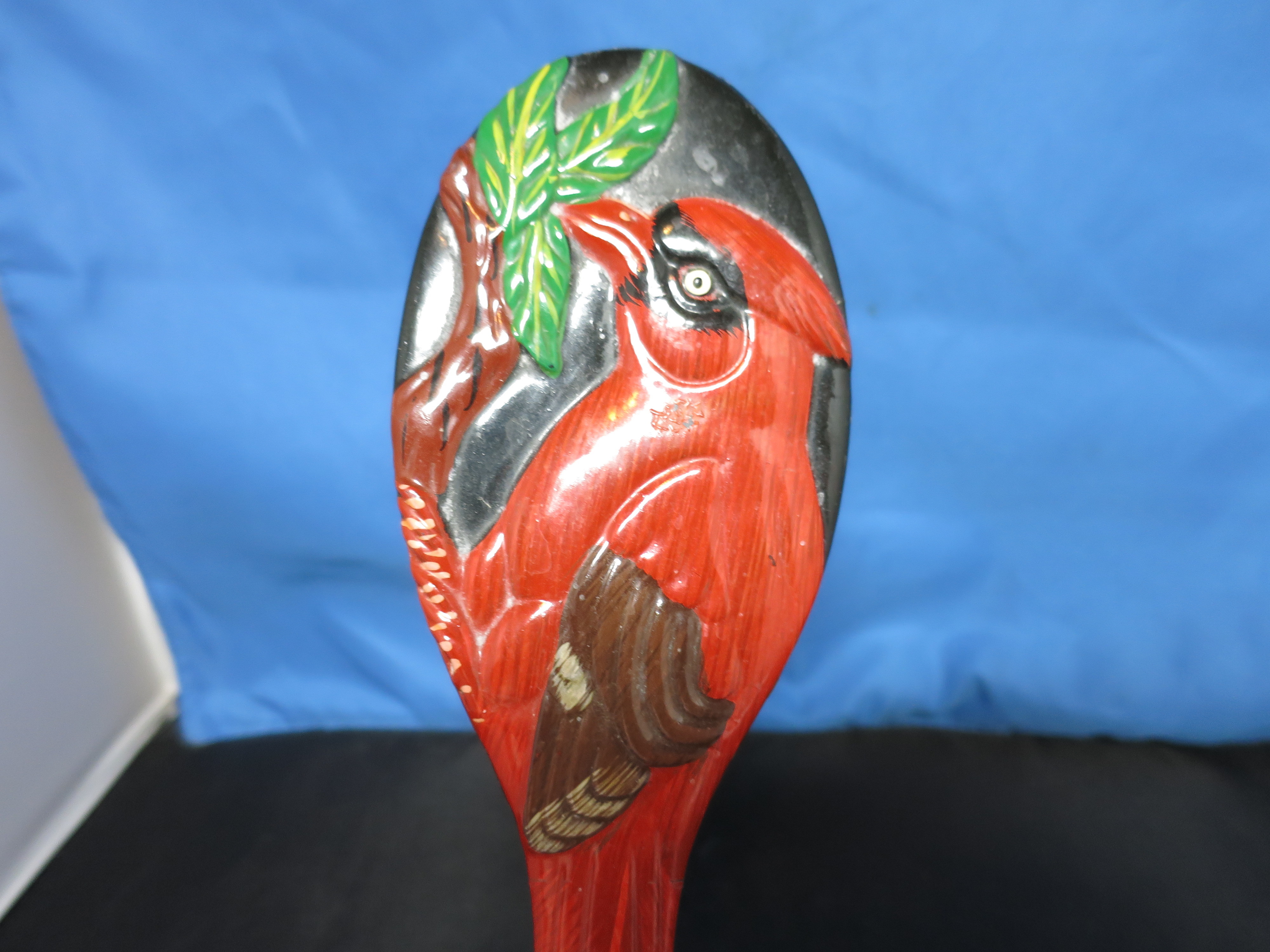 Black Lacquer Painted Hand Mirror with Cardinal Bird rare find