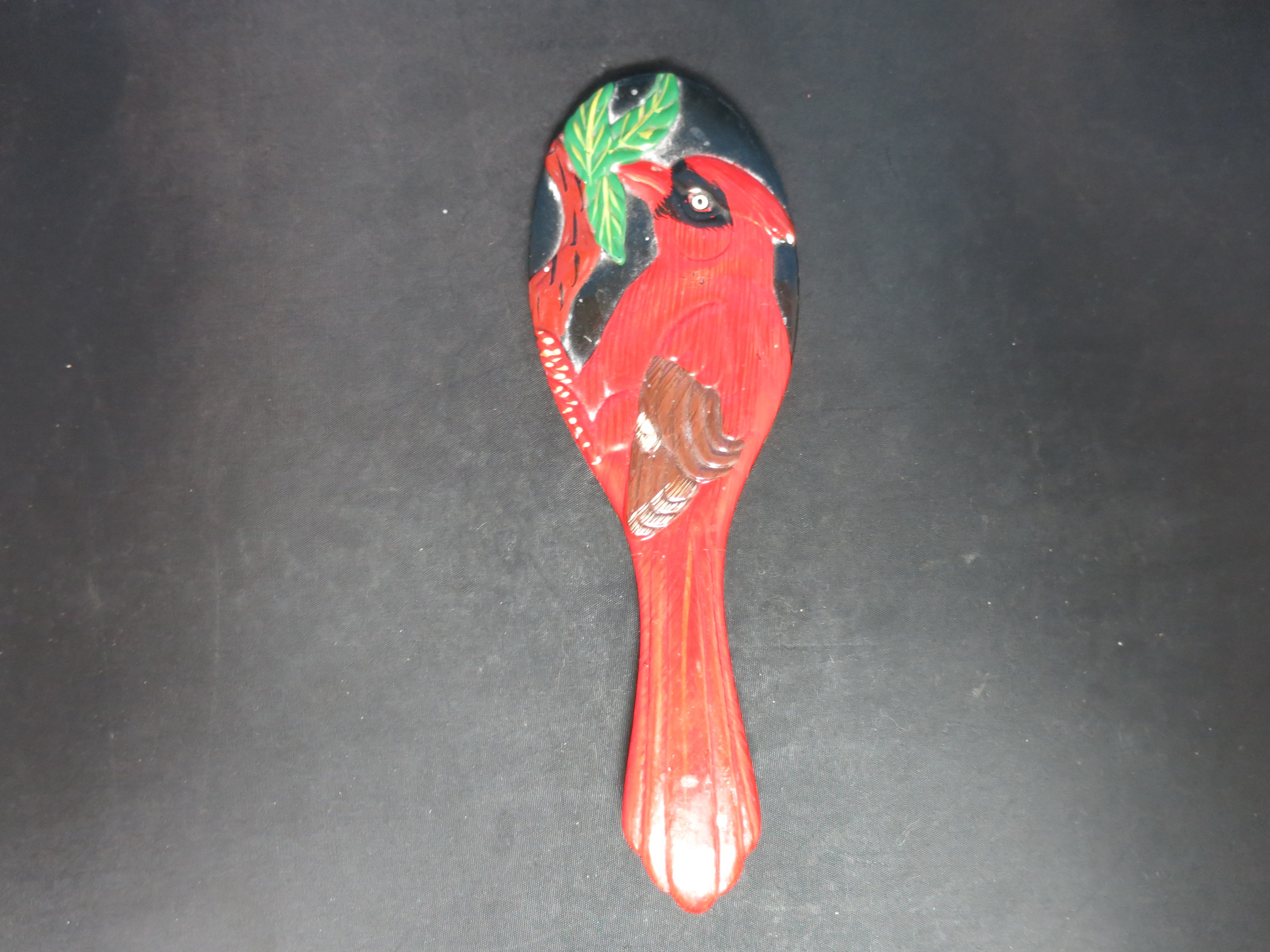 Black Lacquer Painted Hand Mirror with Cardinal Bird rare find