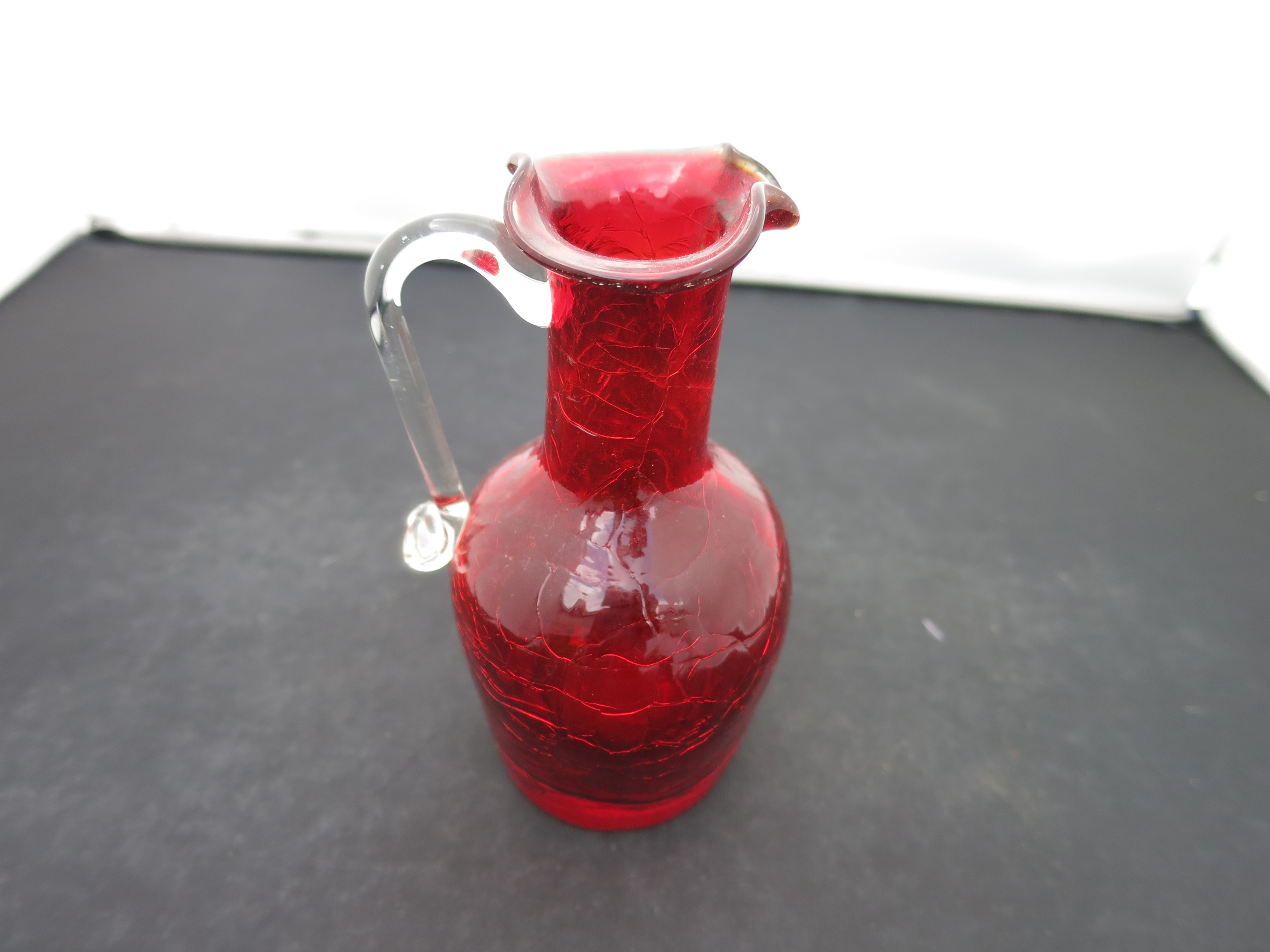 Blown Crackle Glass Ruby Red Pitcher Flared Rim