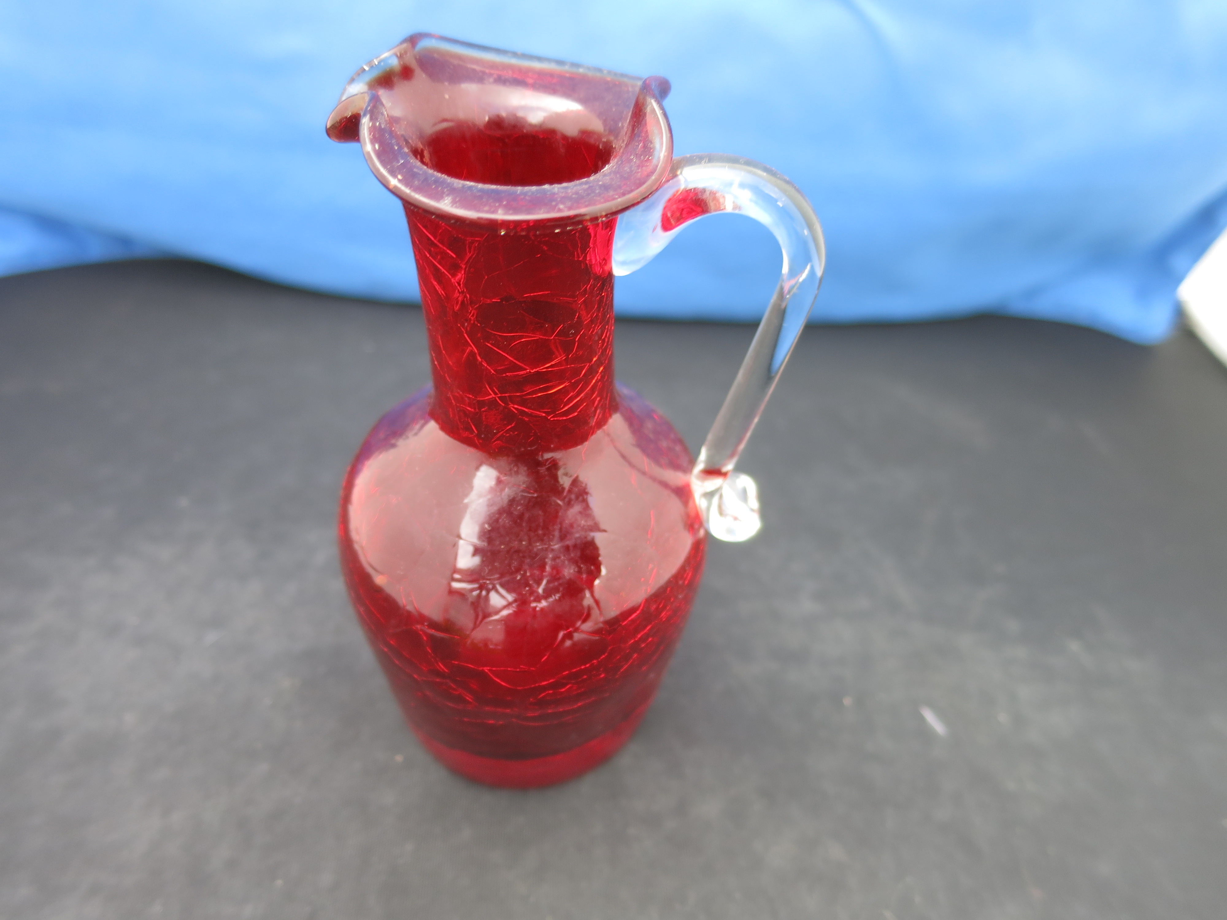 Blown Crackle Glass Ruby Red Pitcher Flared Rim