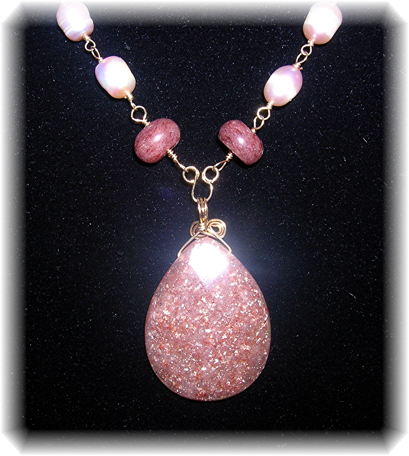 Designer Gold Wired Sunstone and Pearl Necklace