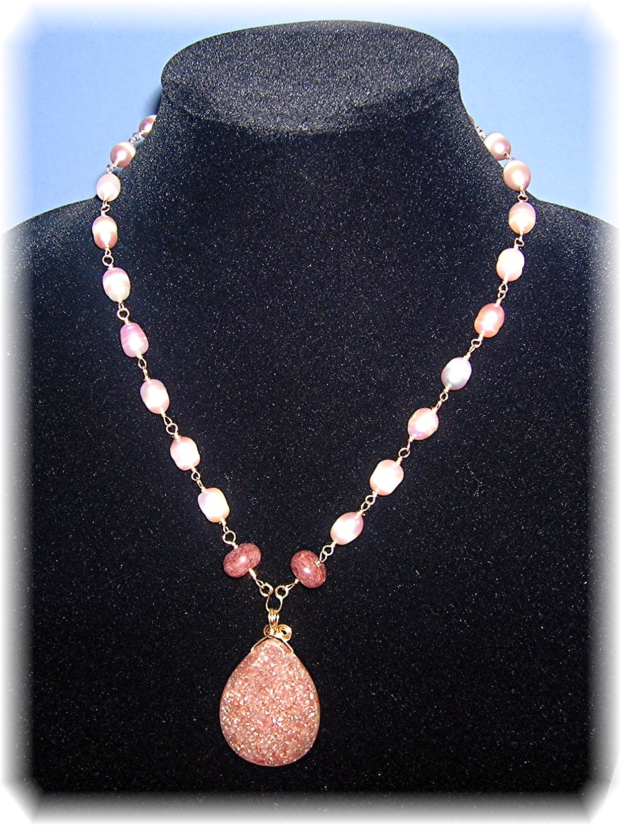 Designer Gold Wired Sunstone and Pearl Necklace