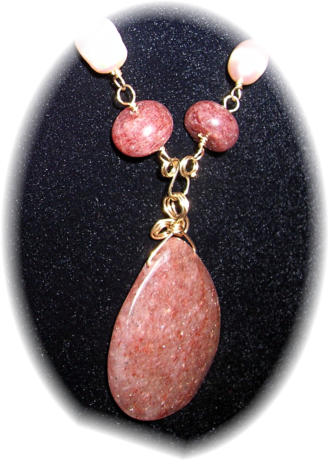 Designer Gold Wired Sunstone and Pearl Necklace