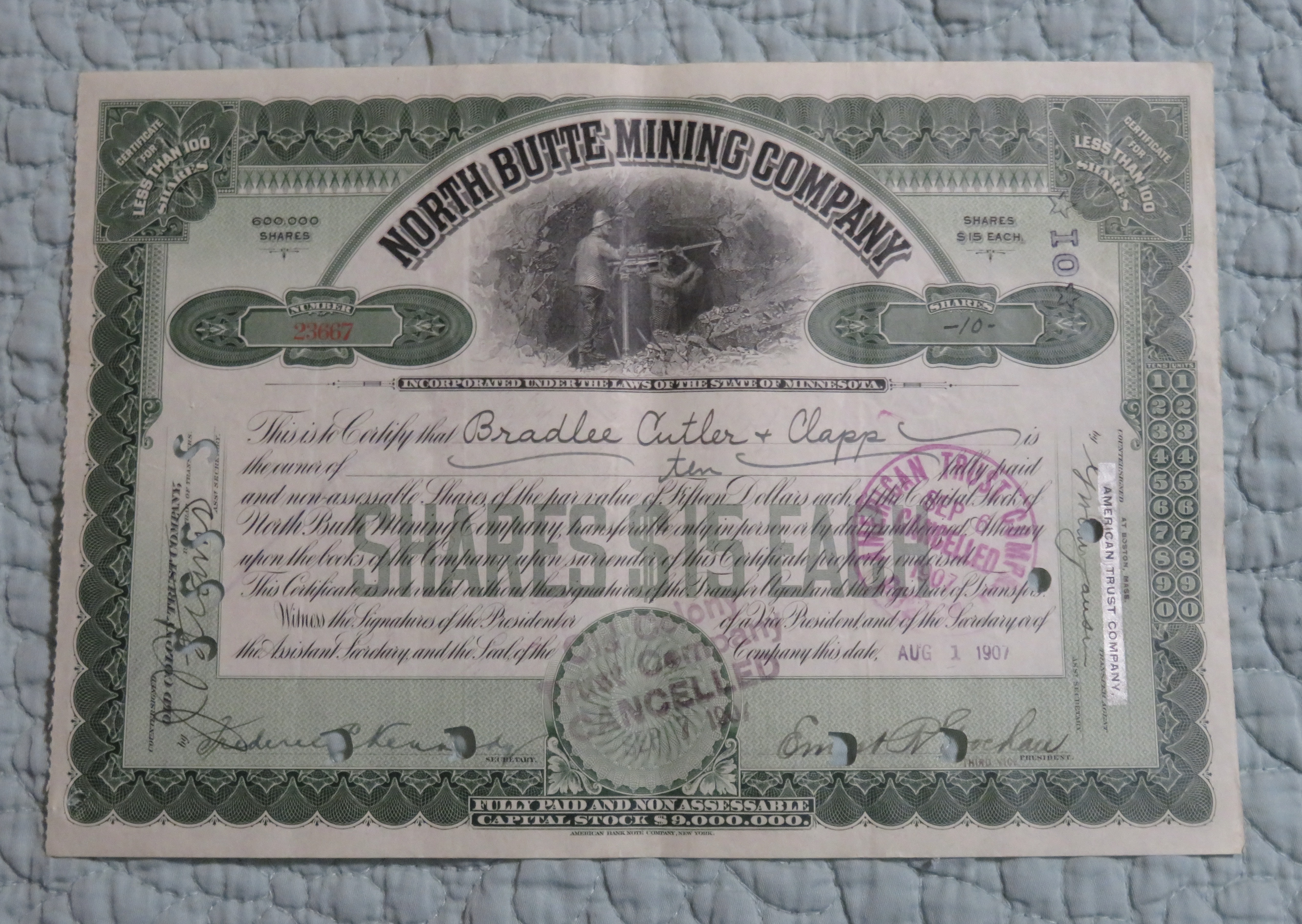 1907 North Butte Mining Company Stock Certificate