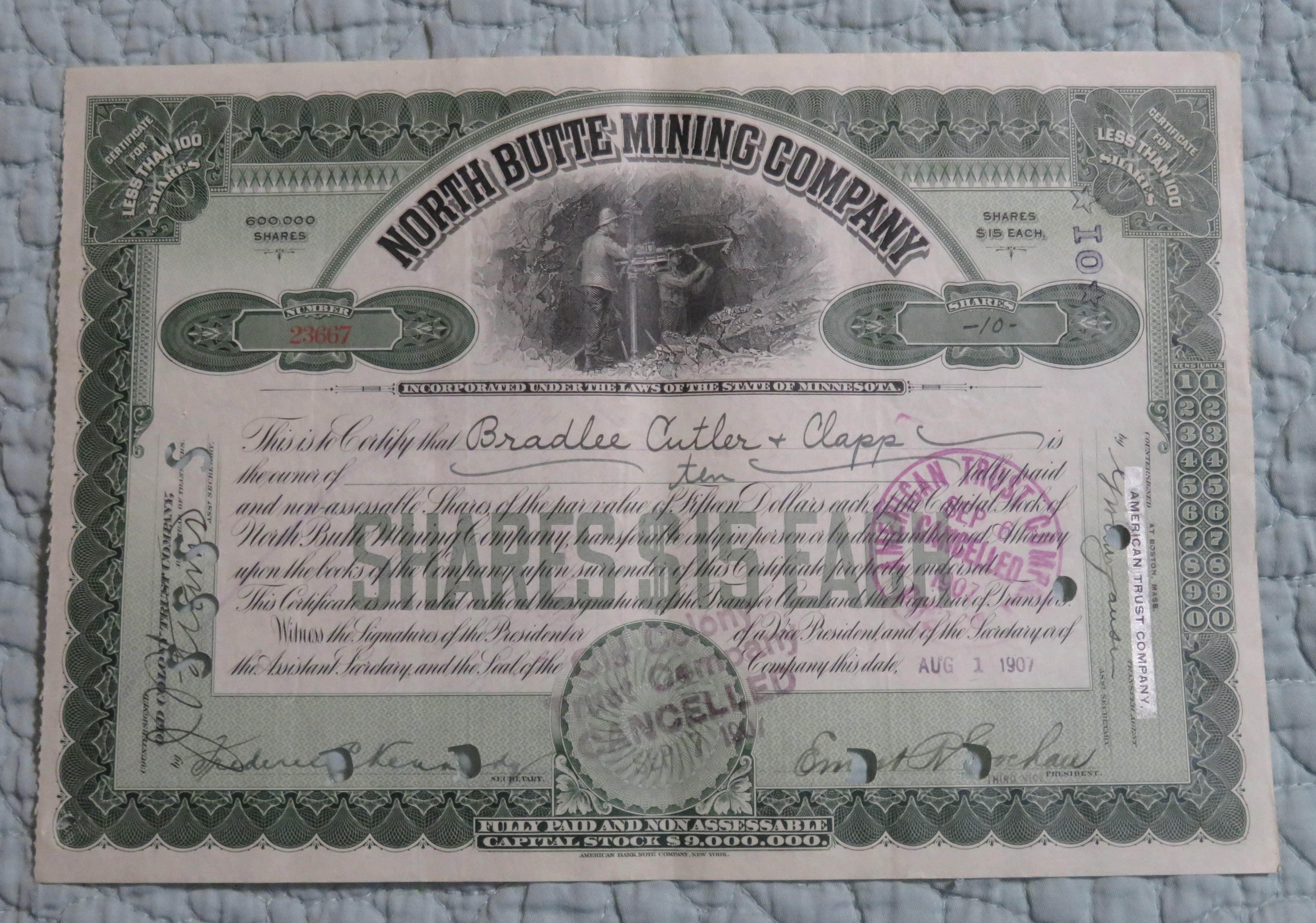 1907 North Butte Mining Company Stock Certificate