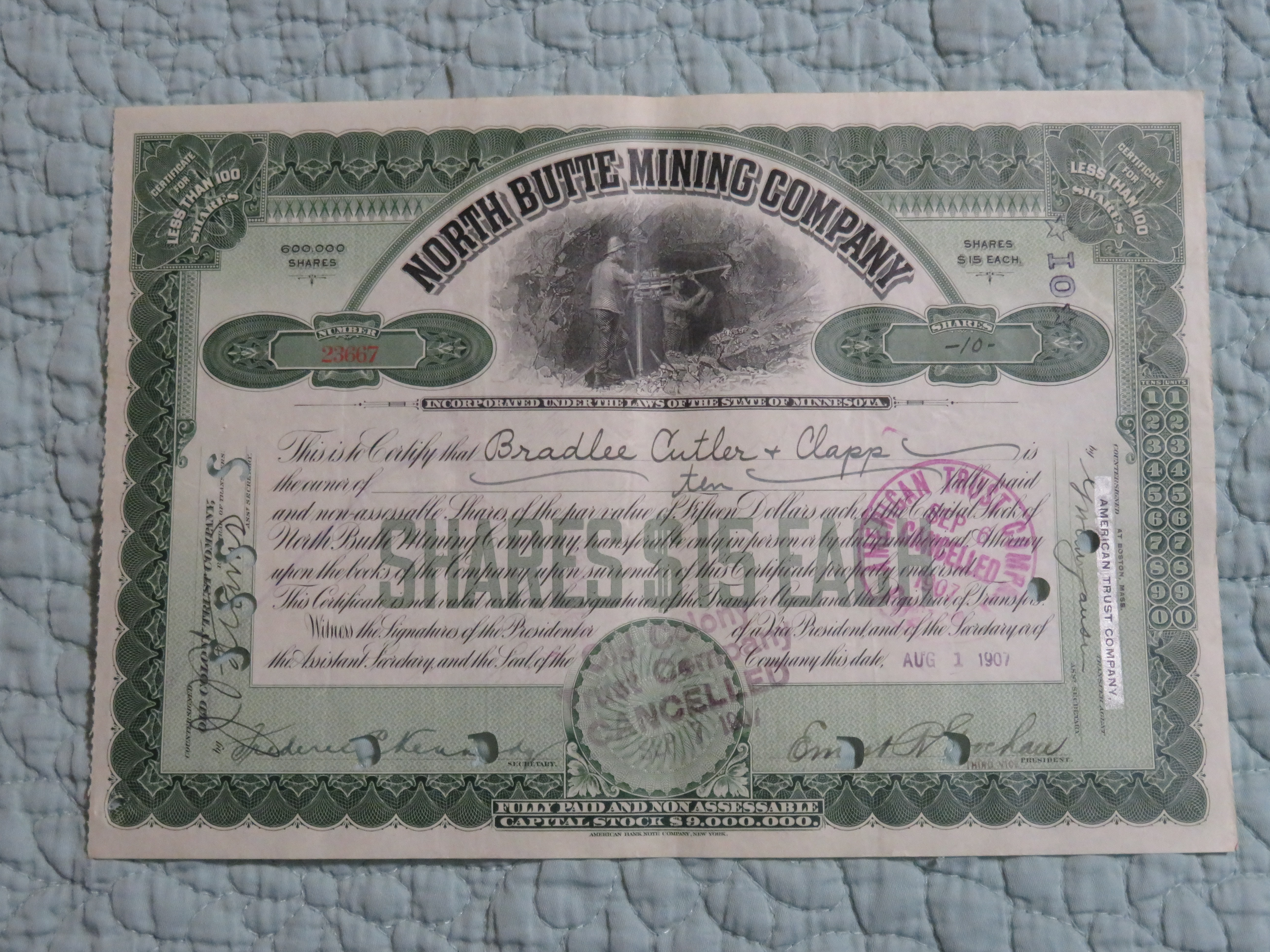 1907 North Butte Mining Company Stock Certificate