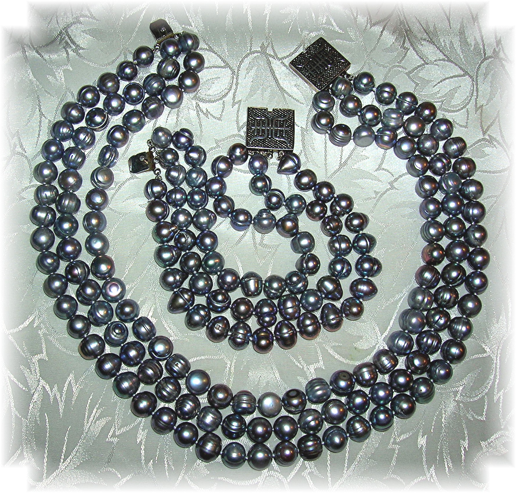 Pearls Baroque Grey 3 Strand Oriental Sterling Silver