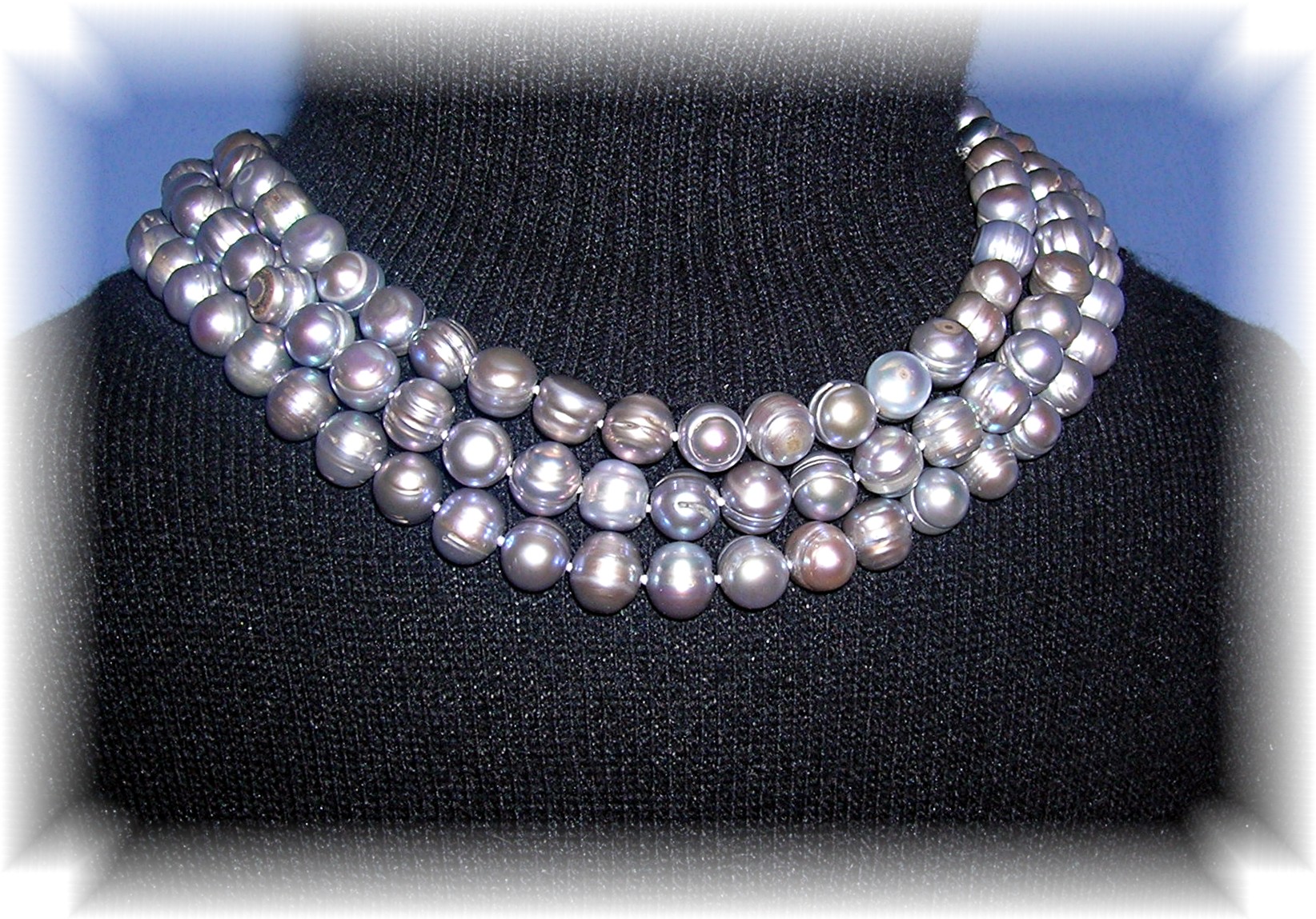 Pearls Baroque Grey 3 Strand Oriental Sterling Silver
