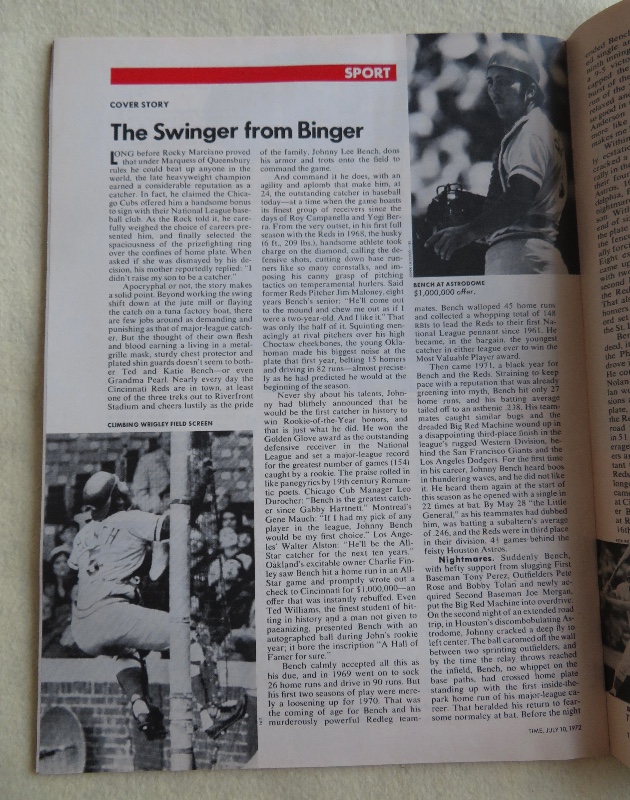 Time Magazine July 10, 1972 Baseball's Best Catcher Cincinnati's Johnny Bench
