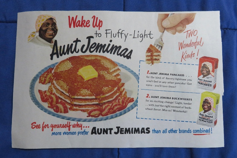 1951 Aunt Jemima Pancake Flour Mix with a Stack of Pancakes with Bacon