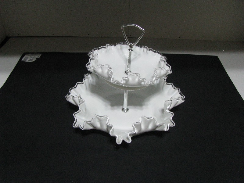 Vintage Fenton Silver Crest Milk Glass 2-Tier Tidbit Tray Dessert Stand