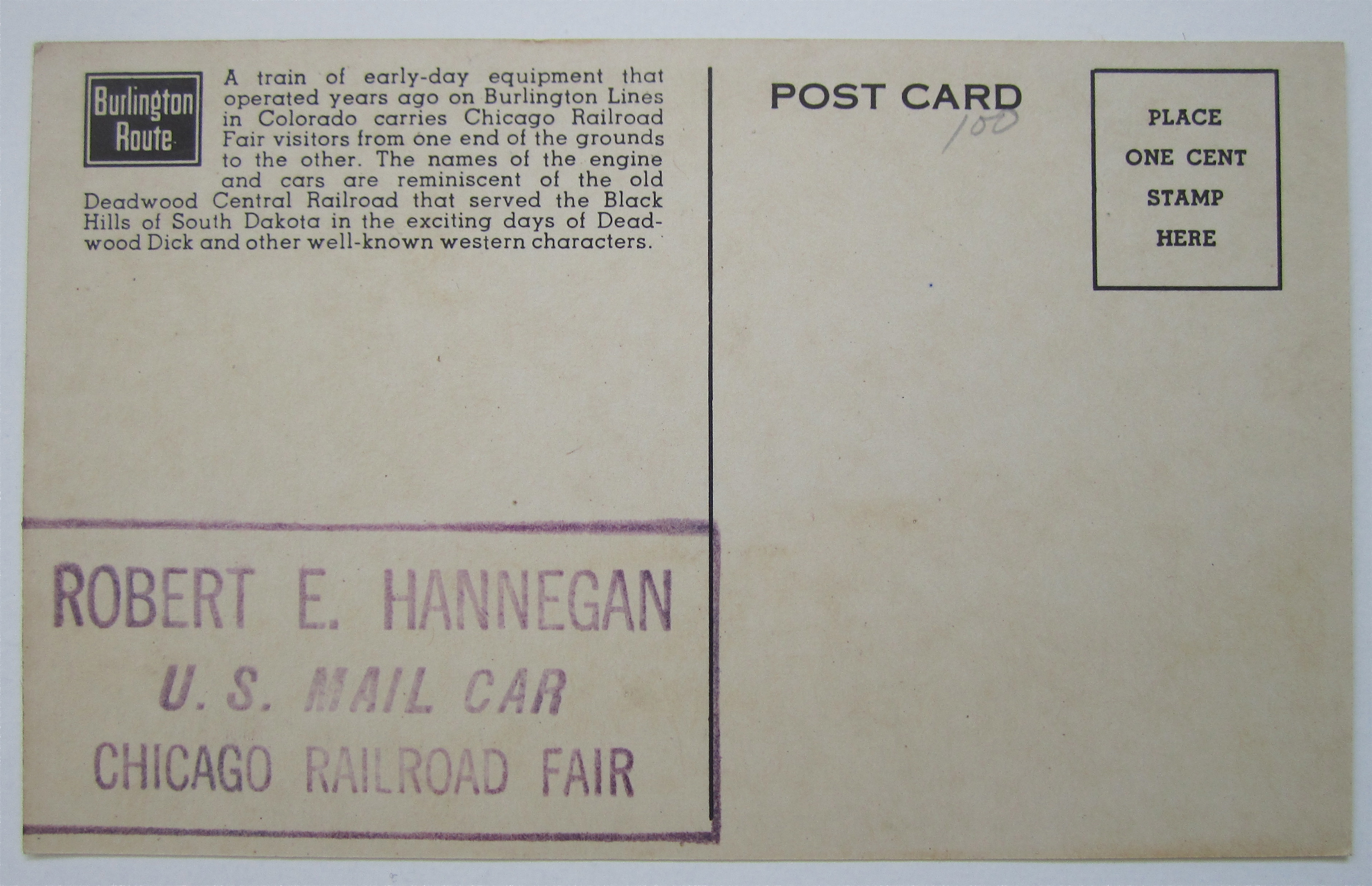 Deadwood Central Train, Chicago Railroad Fair Postcard
