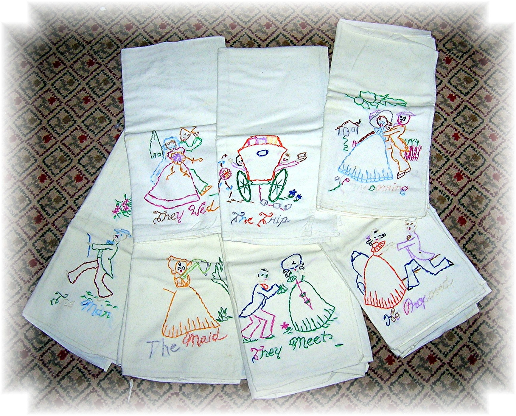 7 Hand Embroidered Floursack Towels
