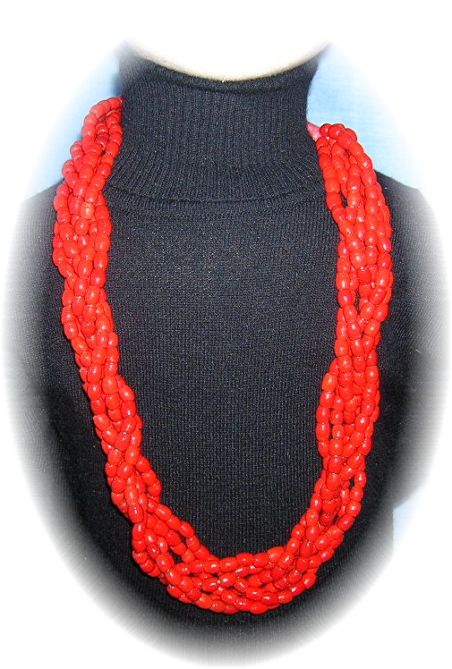 28 Inch 6 Strand Bright Red Glass Bead Neckla