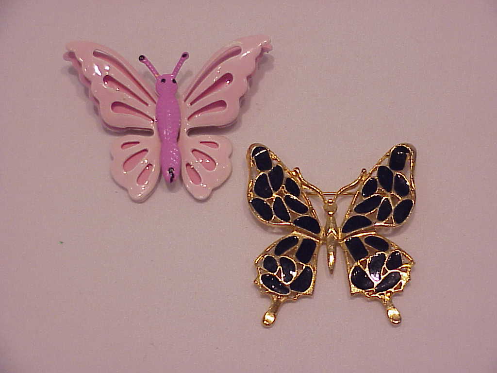 2 Enamel Butterfly Brooches - Pink On Tin, Navy Blue