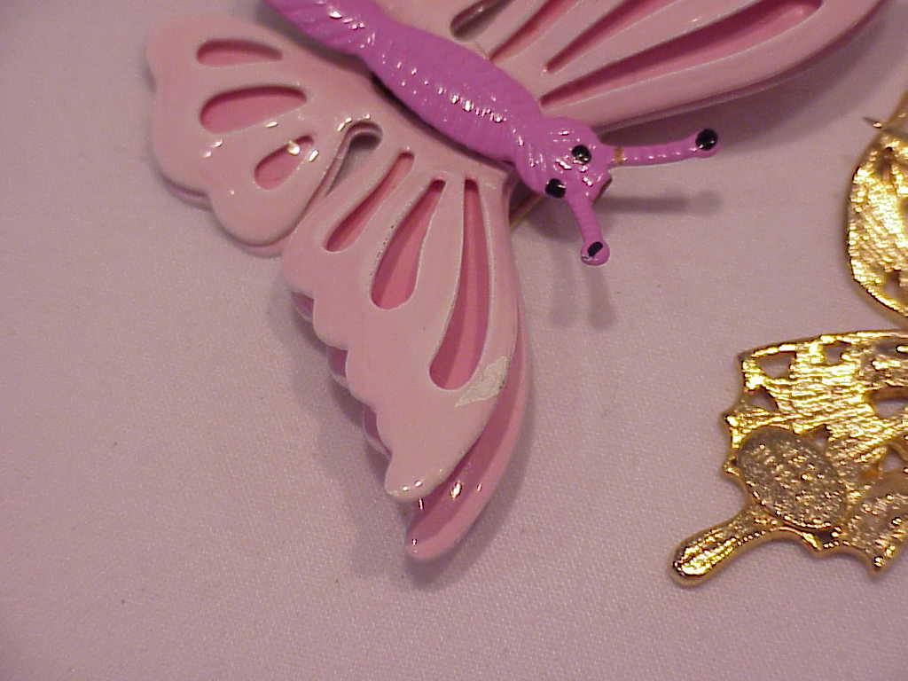 2 Enamel Butterfly Brooches - Pink On Tin, Navy Blue