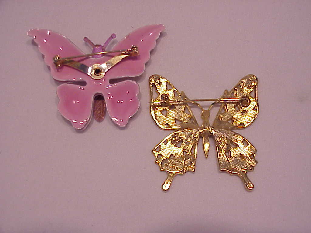 2 Enamel Butterfly Brooches - Pink On Tin, Navy Blue