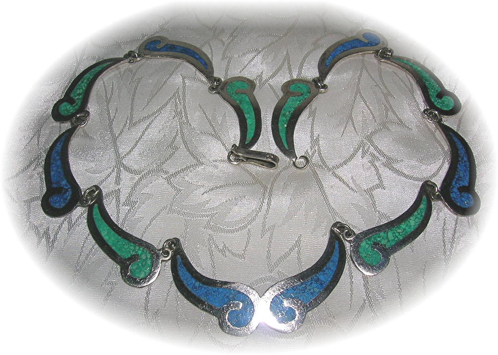 Mexico Blue Green Inlay Silver  Necklace
