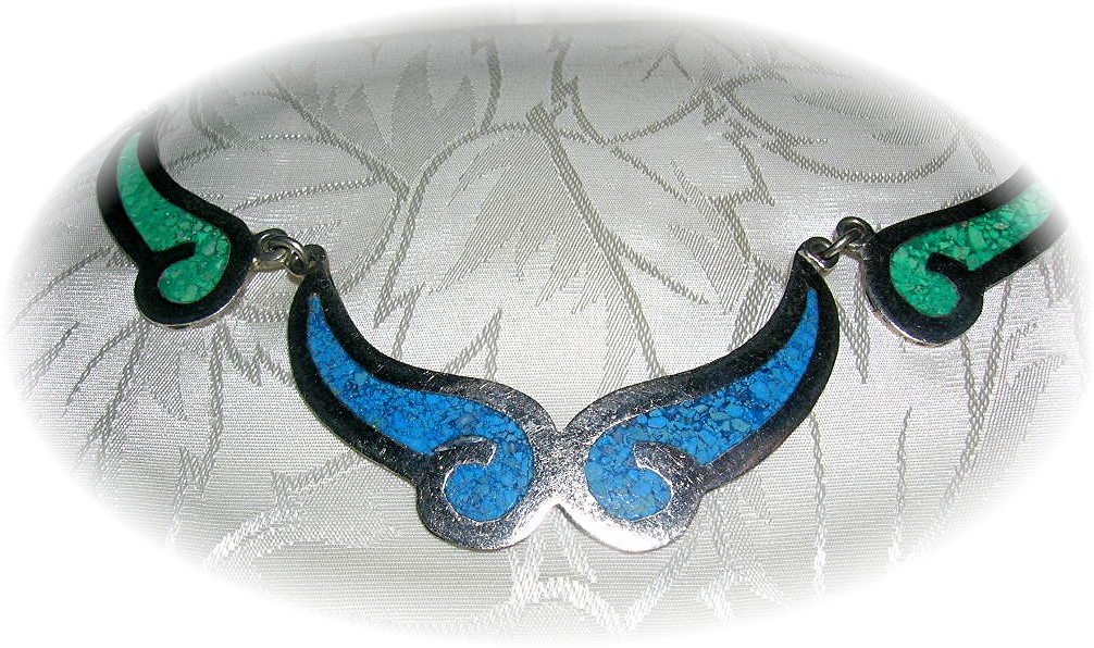 Mexico Blue Green Inlay Silver  Necklace