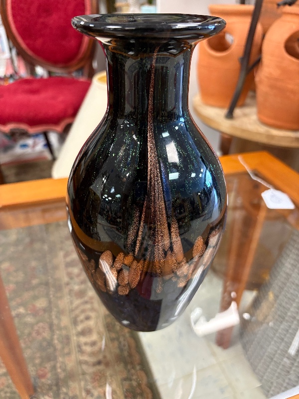 Dale Tiffany Glass Vase Black with Aventurine Sparkle 9 1/4”