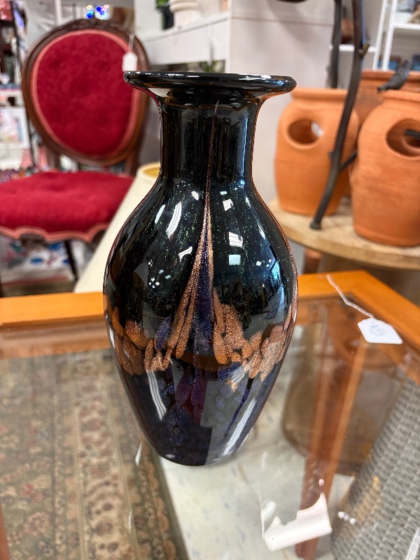 Dale Tiffany Glass Vase Black with Aventurine Sparkle 9 1/4”