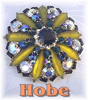 BroochHOBE Gold Green Pink Borealis Crystal Signed