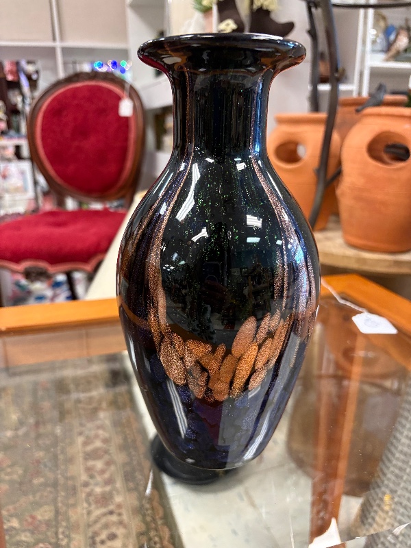 Dale Tiffany Glass Vase Black with Aventurine Sparkle 9 1/4”