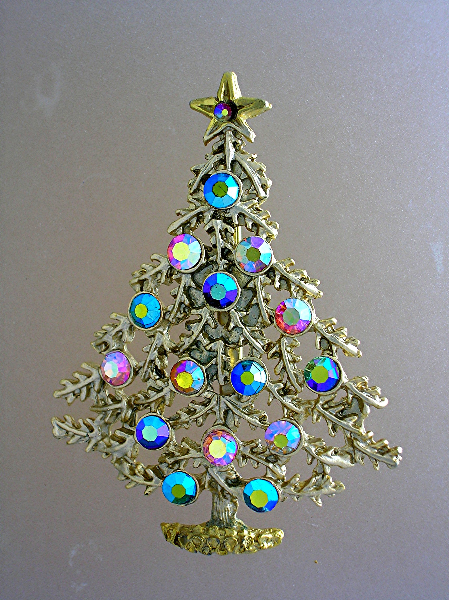 Christmas Tree Goldtone Brooch Borealis Rhinestones