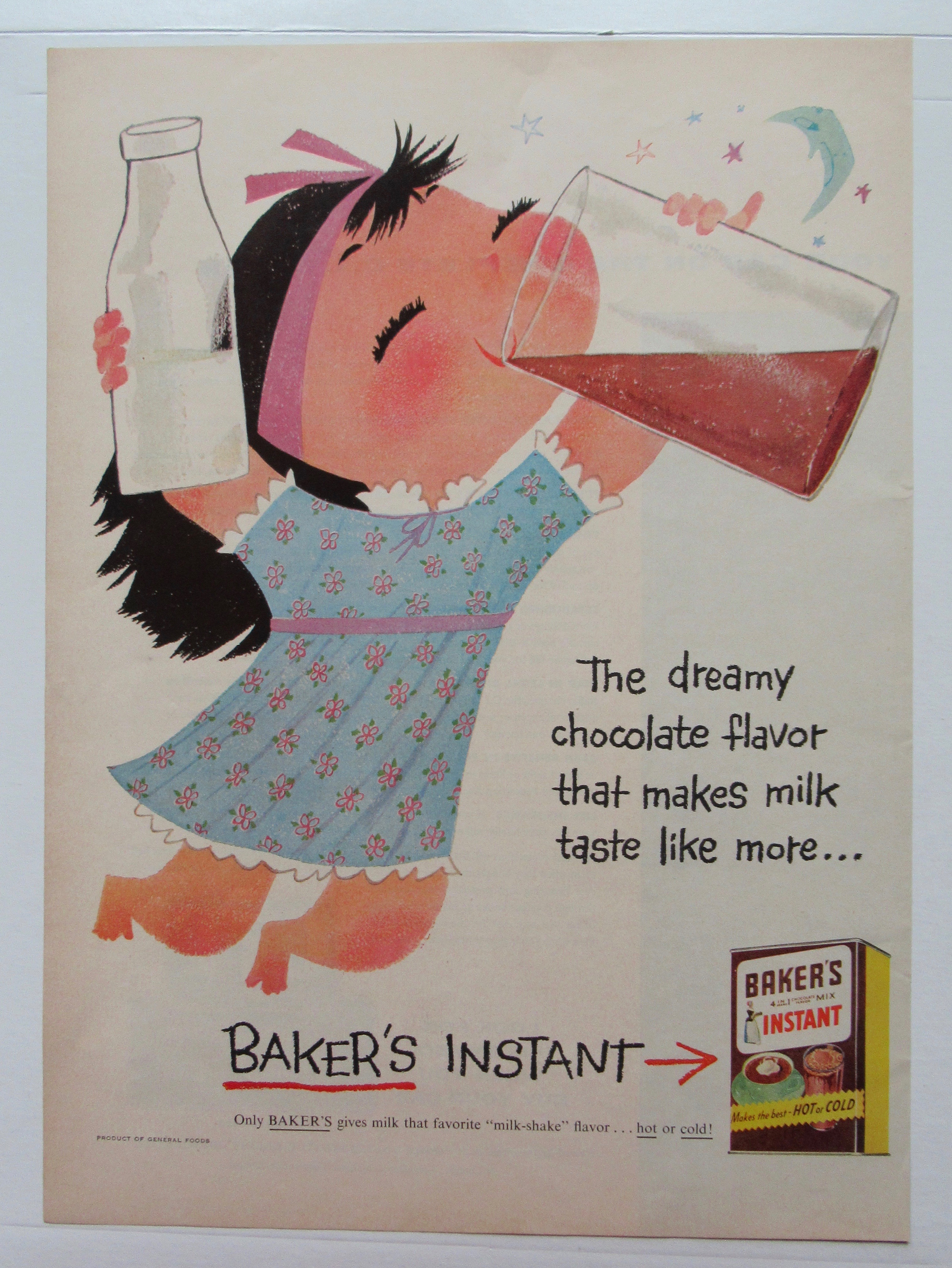 1956 Baker's Instant Chocolate Mix with Girl & Milk