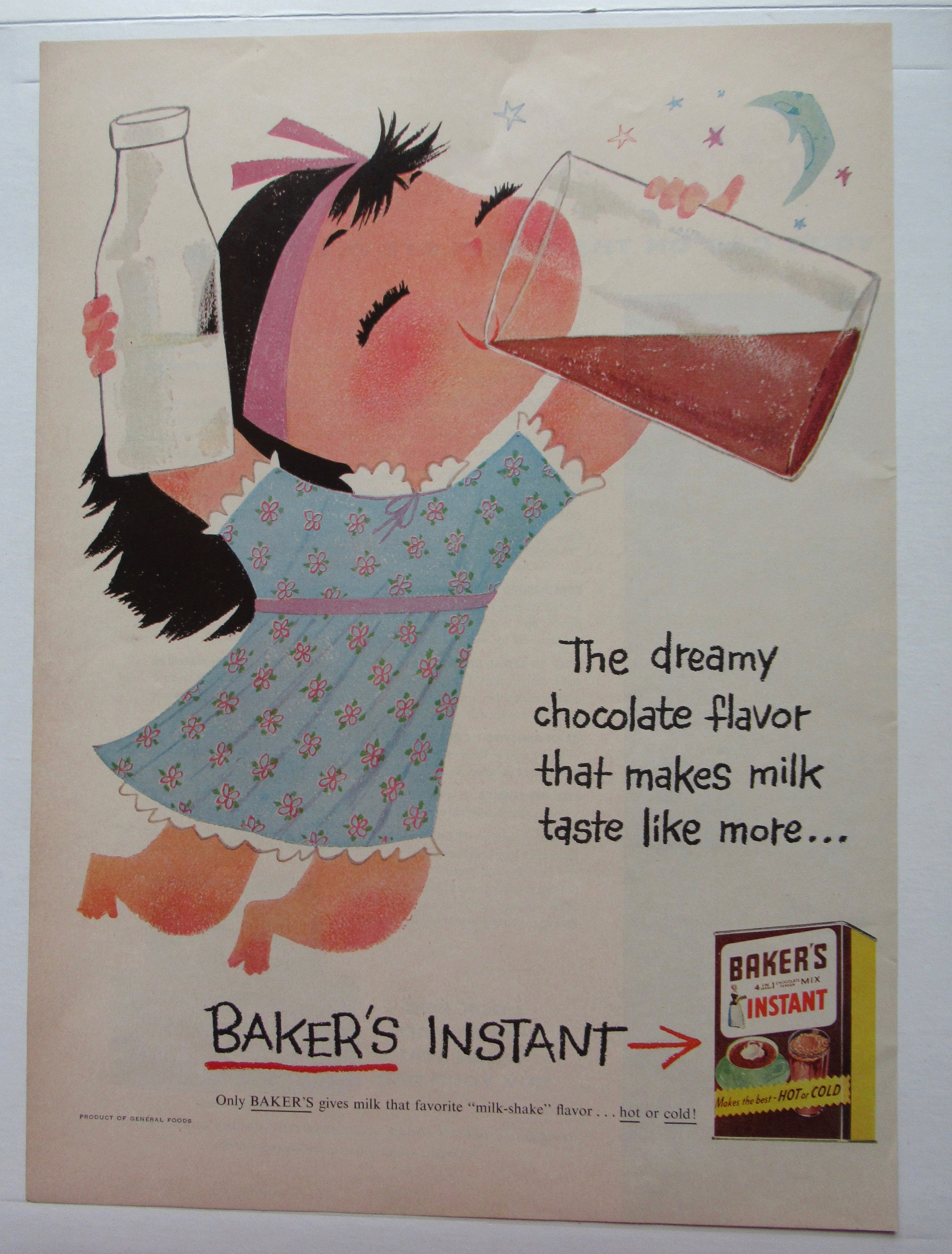 1956 Baker's Instant Chocolate Mix with Girl & Milk