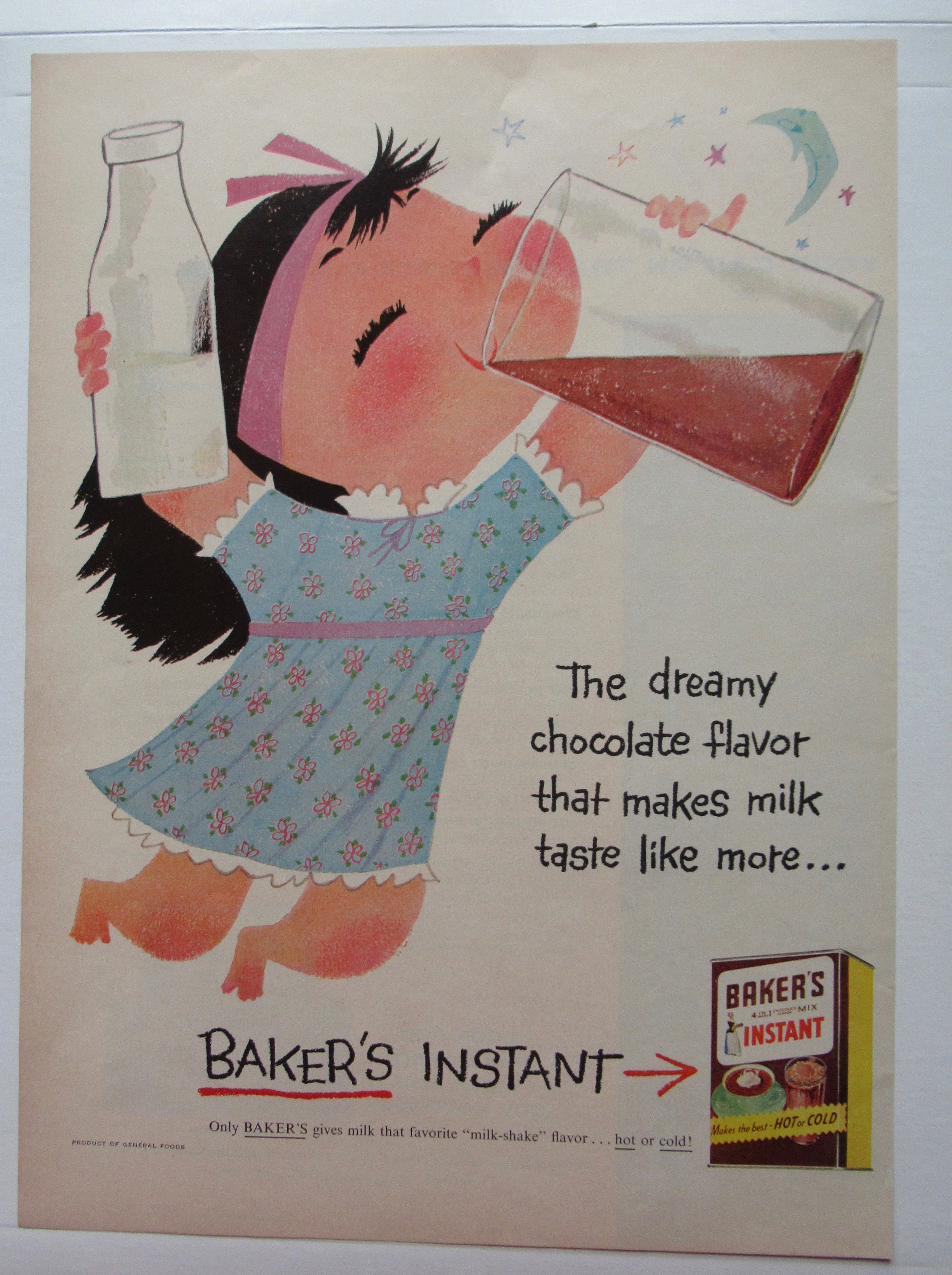 1956 Baker's Instant Chocolate Mix with Girl & Milk