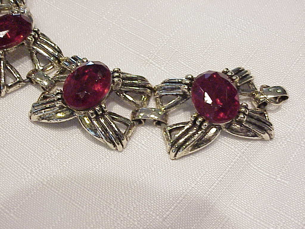 Vintage Wide Chunky Bracelet With Red Rhinestones