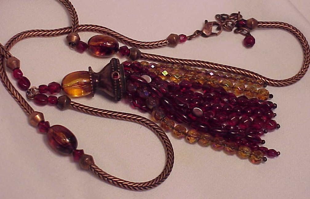 Copper Necklace With Red And Amber Colored Bead Tassel