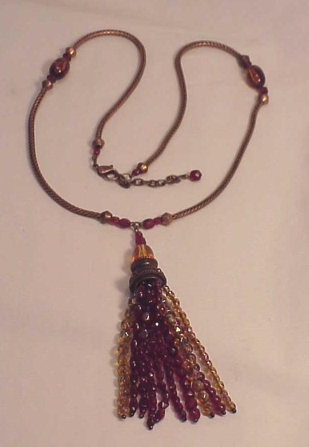 Copper Necklace With Red And Amber Colored Bead Tassel