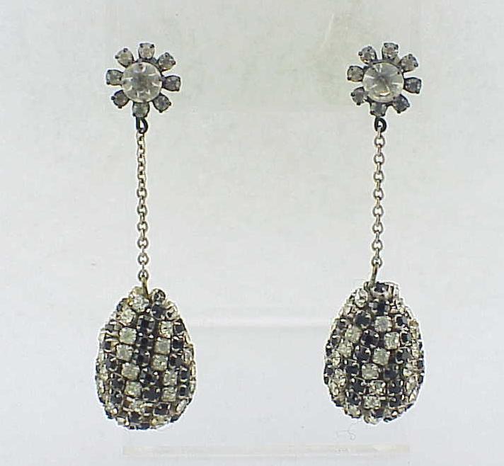 1960'S Mod Black And Clear Dangling Rhinestone Pierced Earrings