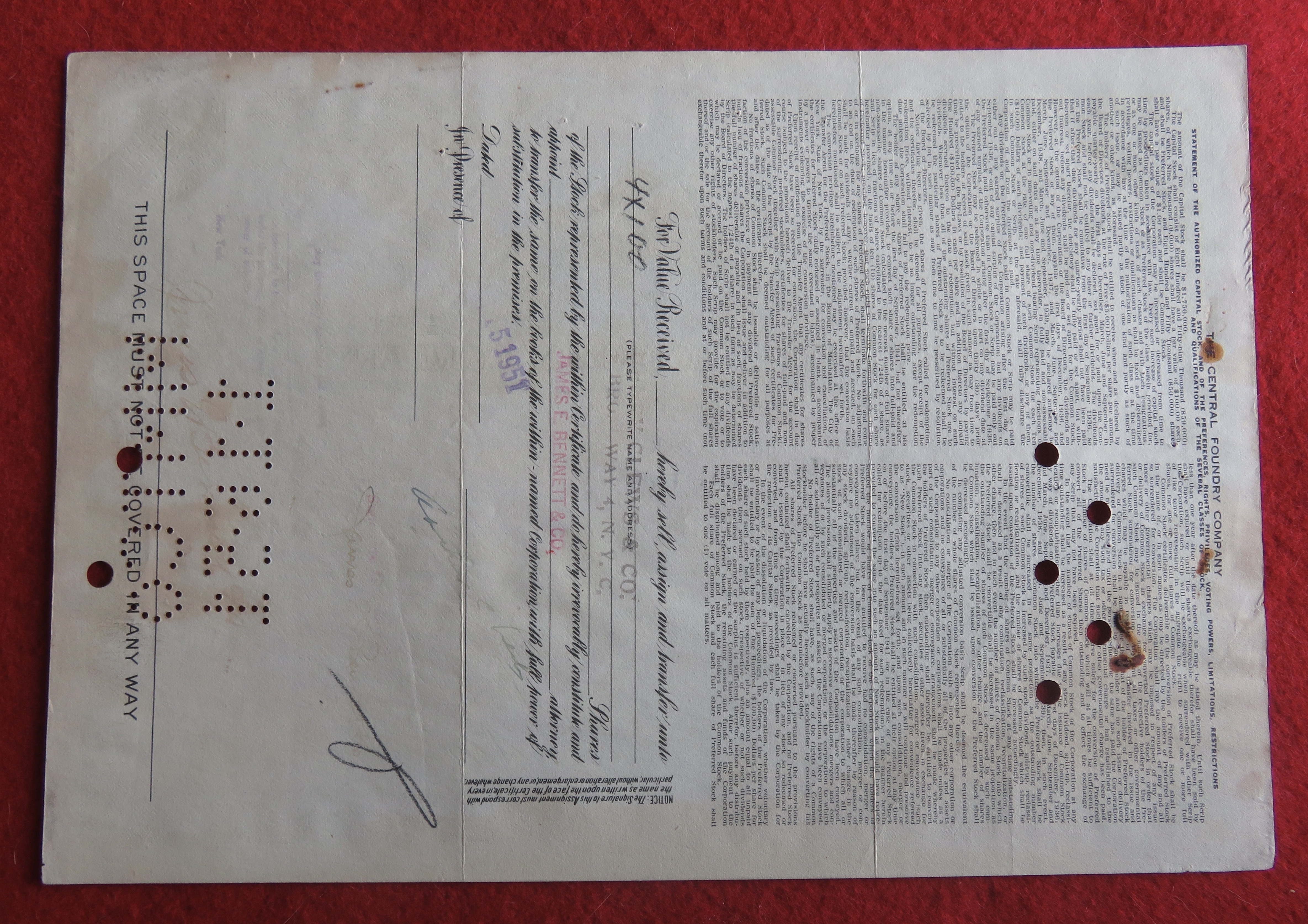 1948 The Central Foundry Company Stock Certificate