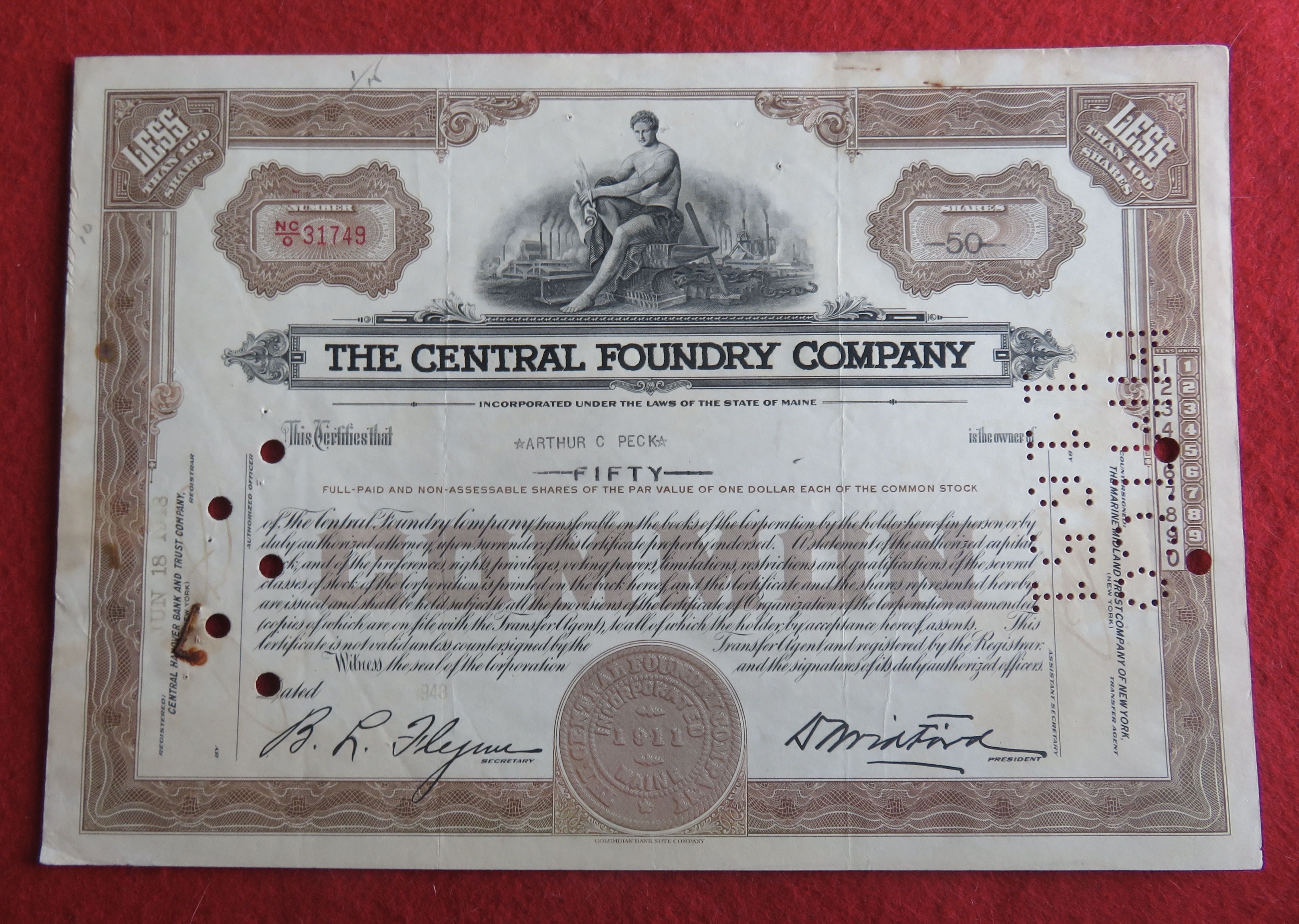 1948 The Central Foundry Company Stock Certificate