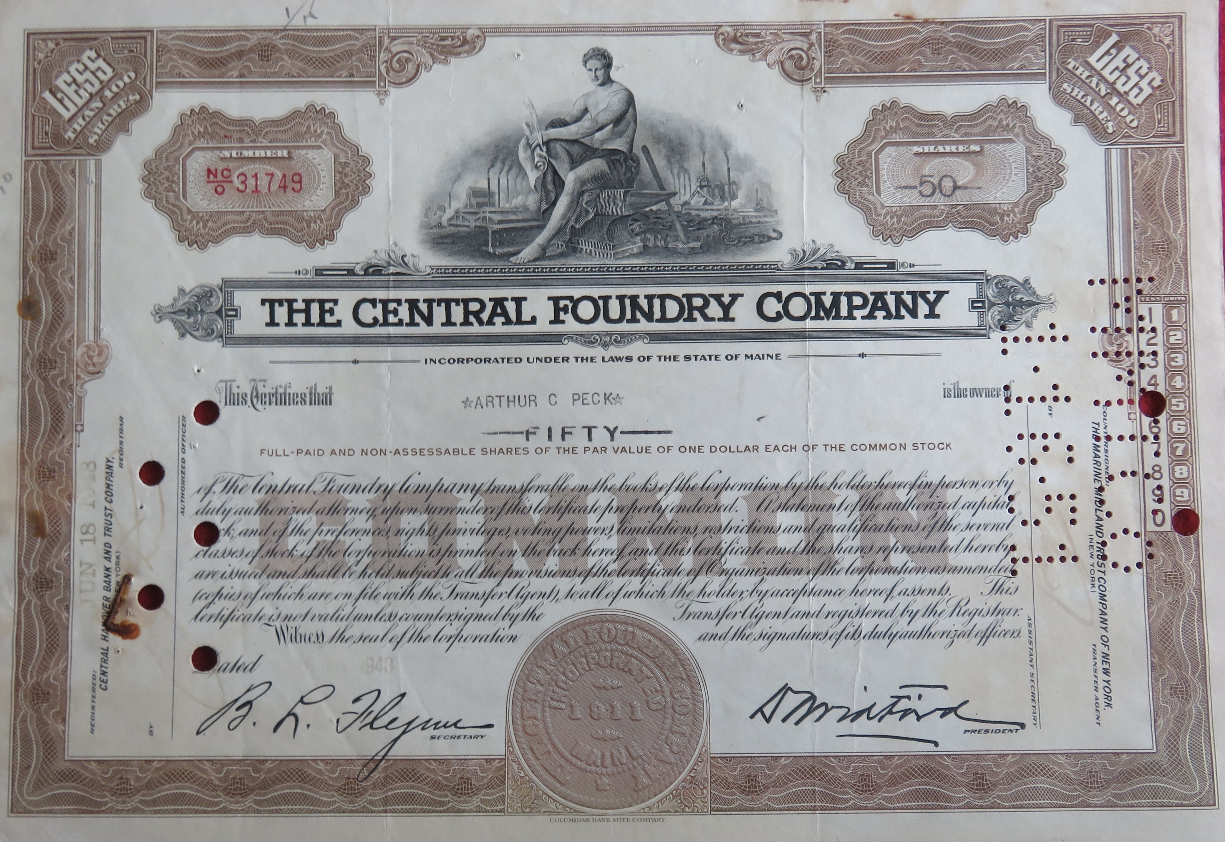 1948 The Central Foundry Company Stock Certificate